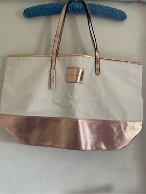 Victoria's Secret tote bag in cream canvas with rose gold metallic detailing NWT